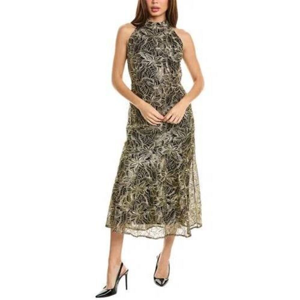 Sam Edelman Platinum Leaf Embroidery Halter Maxi Dress NWT Women's Size 4